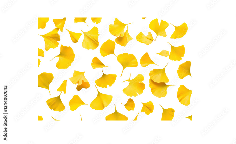 Poster a set of yellow ginkgo leaves artistically scattered across a white background, with some leaves ove