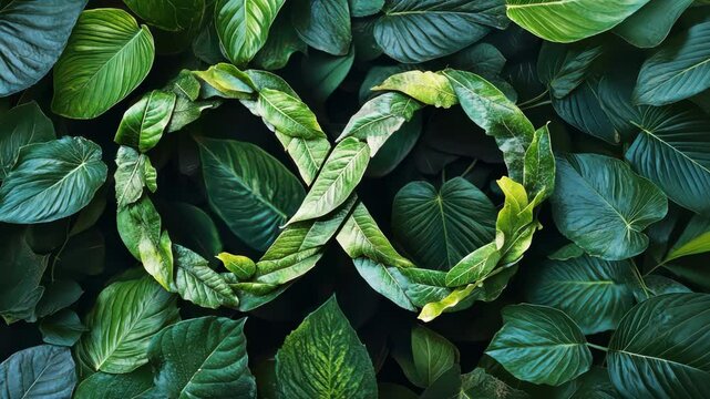 Green infinity loop surrounded by lush leaves in mesmerizing motion
