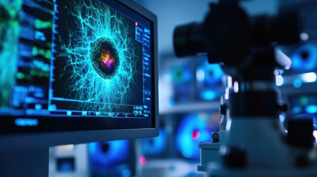 The image portrays a vibrant highresolution scan output displayed on a touchscreen interface of the retina scanning device. Colorful images of retinal structures and pathologies are
