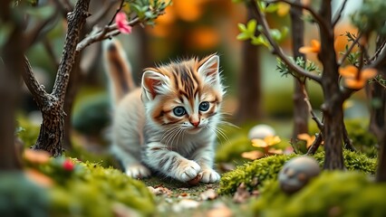 adorable kitten, miniature forest, tilt-shift photo
