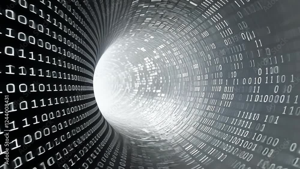 Fototapete Binary Tunnel: An abstract, futuristic tunnel made entirely of binary code, shimmering with an ethereal white light at the end. This high-tech design conveys the concepts of data flow, digital space.