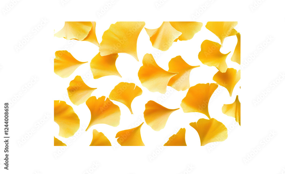Poster a top-down view of yellow ginkgo leaves arranged in a random pattern, their natural curves and disti