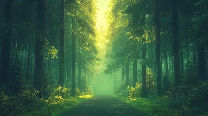 Misty forest path sunlight trees nature background