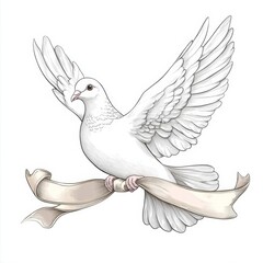 Obraz premium A serene white dove in flight, gracefully holding a ribbon, symbolizing peace and hope.