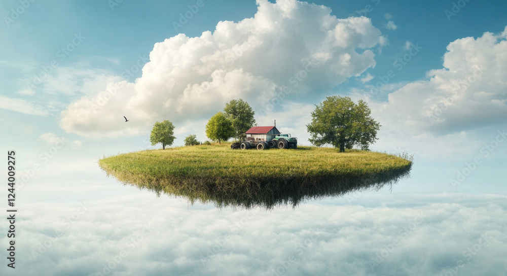 Poster A tractor sits next to a small farmhouse on a lush green field that appears to float in the sky.