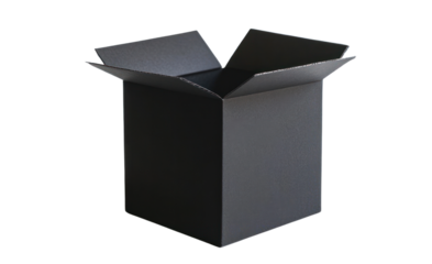 An empty black cardboard box with crisp corners and no design elements, positioned on a bright white background