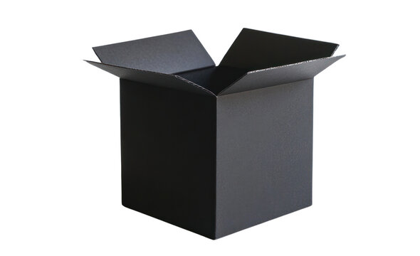 An empty black cardboard box with crisp corners and no design elements, positioned on a bright white background