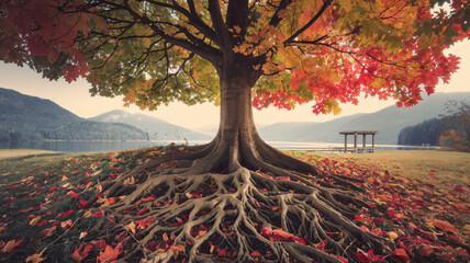 Majestic Tree with Deep Roots in a Scenic Autumn Landscape by the Lake