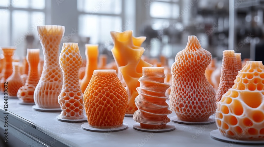 Poster collection of intricate orange vases displayed on a table in a bright workshop, showcasing design in