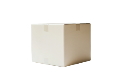 An untouched white cardboard box with clean edges, standing upright on a seamless white surface, conveying an unadorned and bare aesthetic