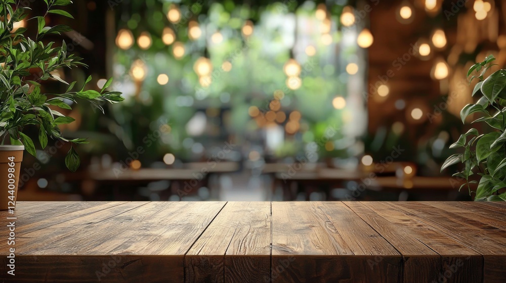 Poster a rustic wooden table sits in focus, inviting guests to enjoy their time as soft lights hang above i