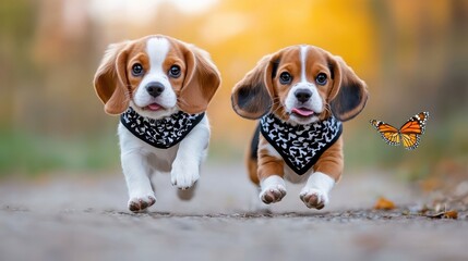 Two Adorable Beagle Puppies Running in Autumn Park