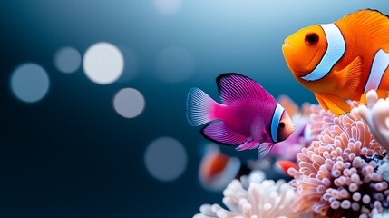 Two Colorful Fish Near Coral Reef in Dark Blue Water