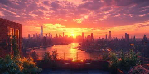 Naklejka premium Spectacular Sunset over Manhattan Skyline from Rooftop Terrace