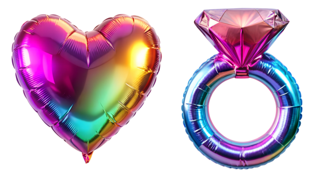 3d holographic foil balloon in the shape of heart and engagement ring  on the white background