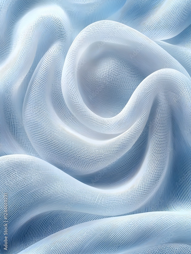 Poster an abstract close-up of soft, flowing sheer fabric in pale blue, creating a serene and elegant mood 