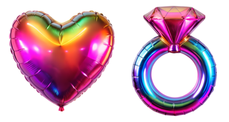 3d holographic foil balloon in the shape of  heart and engagement ring  on the white background