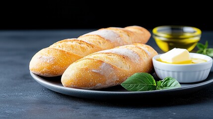 Two Golden Brown Baguettes on a Dark Gray Plate with Butter and Olive Oil
