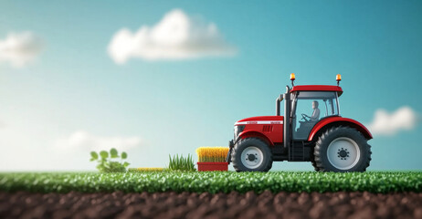 Fototapeta premium A red tractor plows through a vibrant green field, showcasing advanced farming techniques. The sun shines brightly above, creating a perfect atmosphere for agricultural work on a smart farm.