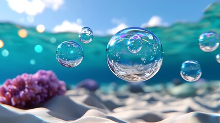 Underwater Bubbles Scene with Coral and Sand