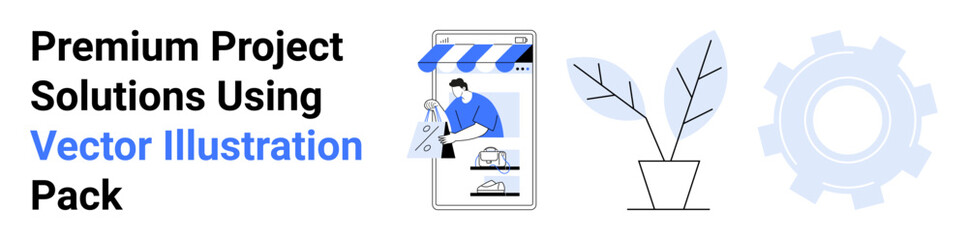 Man working on tablet under storefront awning, potted plant symbolizing growth, gear symbolizing development. Ideal for e-commerce, design, innovation, technology, creativity, marketing flat landing