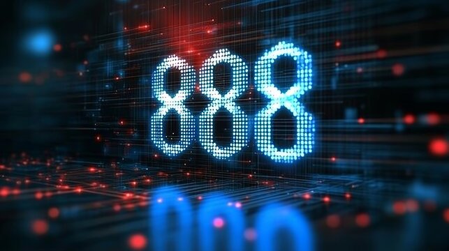 Glowing Digital 3D Number 888 on Abstract Technology Background, Futuristic Style Illustration