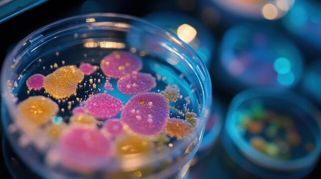 An image focusing on a petri dish with colonies of different bacteria visibly growing their unique colors and textures symbolizing the diversity of microbiome components used in personalized