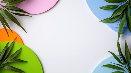 Vibrant Green Leaves and Pastel Circles on White Background