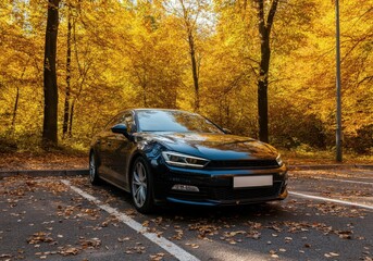 car on the road beside trees with yellow leaves