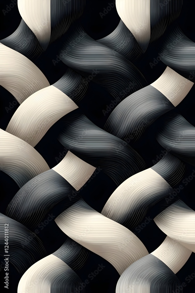 Poster an abstract pattern featuring intertwined waves of black and cream, creating a modern and sophistica