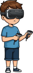 Illustration of a young boy using Vr headset and controllers, isolated on white background