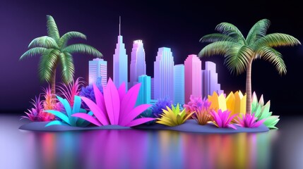 Vibrant Neon Cityscape with Tropical Plants and Pixel Art Style