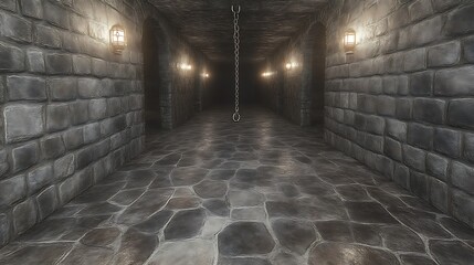 Dark Stone Corridor With Chain And Lights