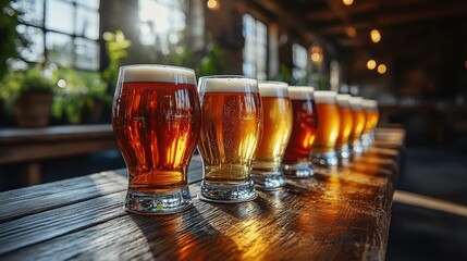 A row of diverse craft beers in clear glasses on a rustic wooden table in a lively brewery setting