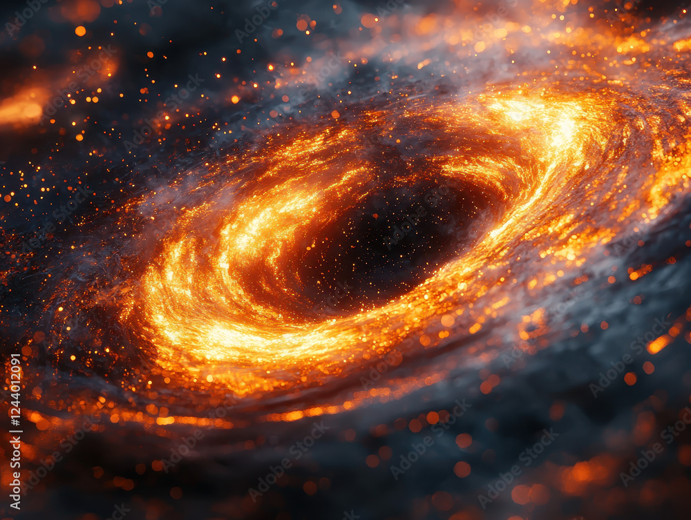 Poster quantum gravity reveals a black hole distorting spacetime with glowing energy threads connecting mul