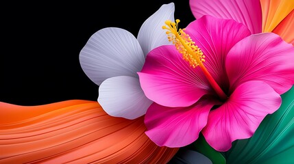 Vibrant Pink Hibiscus and White Flowers with Orange and Green Abstract Waves on Black Background