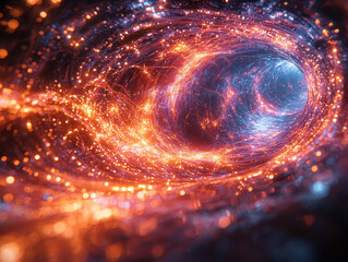 Quantum gravity visualized with a black hole bending the quantum realm and connecting dimensions through glowing energy threads