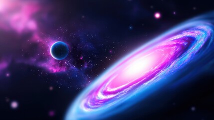 Vibrant Spiral Galaxy with Pink and Blue Nebulae in Dark Space
