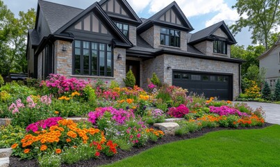 Beautiful suburban house with colorful flower garden blooming in summer
