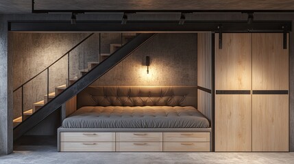 A cozy under-staircase bedroom setup with a padded sleeping nook surrounded by pull-out wooden drawers