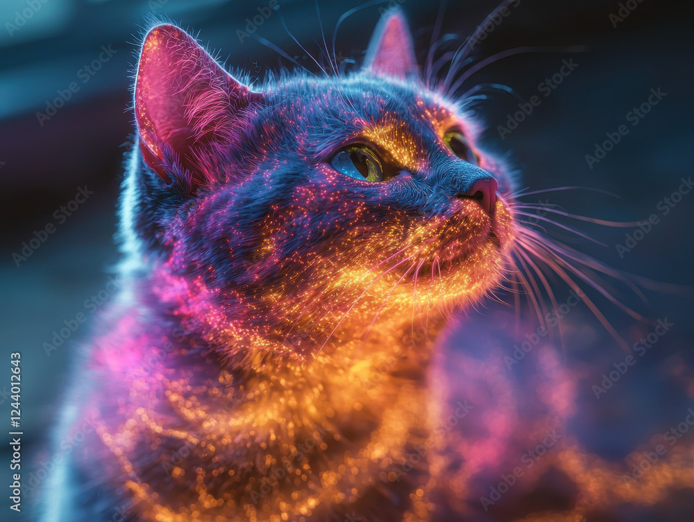 Poster schrodingers cat paradox visualized as a glowing feline existing in a quantum superposition within a