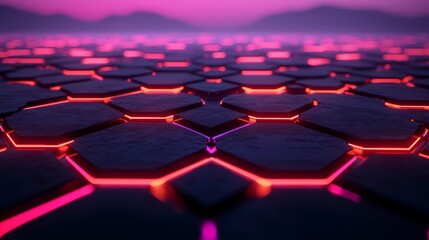 Obraz premium A vibrant hexagonal pattern illuminated with neon pink lights, set against a serene landscape with distant mountains.