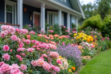 Colorful roses blooming beautifully beside a charming house