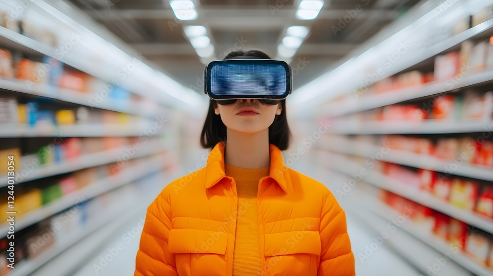 Poster augmented reality shopper exploring virtual store shelves and adding items to cart