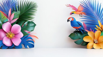 Vibrant Tropical Birds and Flowers Paper Craft on White Background