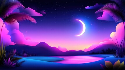 Vibrant Tropical Night Landscape with Crescent Moon