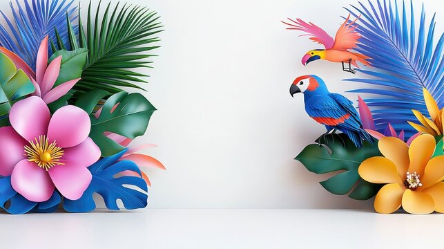 Vibrant Tropical Birds and Flowers Paper Craft on White Background