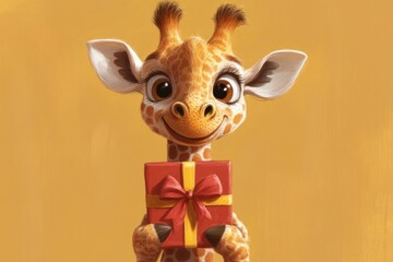 Adorable baby giraffe holding a red gift box with a yellow ribbon, perfect for birthday, christmas, or any special occasion