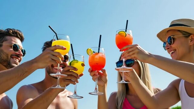 Low angle view of friends having fun at pool party, clinking glasses with colorful summer cocktails near hotel swimming pool. People toast drinking fresh juice at luxury summer villa in slow motion.