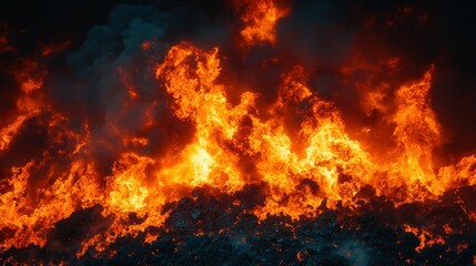 Intense fire burning debris, dark night scene